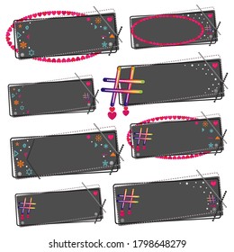 Back to school blank labels. Blank frames set. Heart frame labels. Hashtag label stickers. Chalkboard style stationery vector. Social media buttons. Pattern stock illustration.