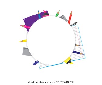 Back to school blank round banner with school supplies background