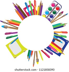 Back to school blank round banner with school suplies background. Isolated, objects, education