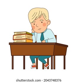 Back to School with Blond Boy in Blue Uniform Sitting at Desk with Sad Facial Expression Vector Illustration