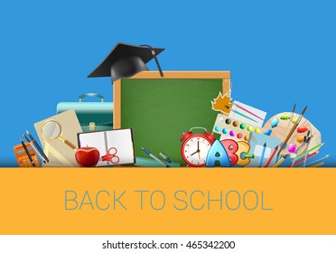 Back to school blue background with chalkboard, graduation cap, supplies, education workplace accessories. vector illustration