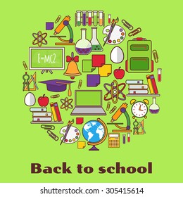 Back to school. Blue background with school supplies. Vector illustration.