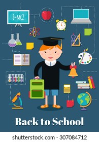 Back to school. Blue background with school supplies. Vector illustration.