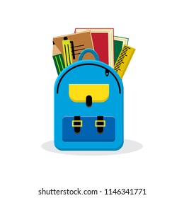 Back to school. Blue backpack with school supplies. Vector illustration