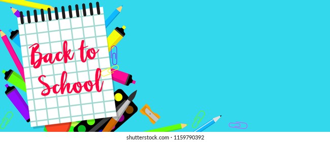 Back to school blue banner horizontal. Flat illustration of vector back to school blue banner horizontal for web design