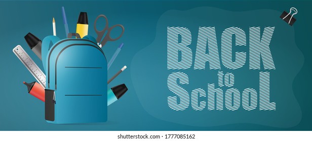 Back to school blue banner. School supplies, pen, pencil, marker, ruler, scissors, paper clip. Vector.