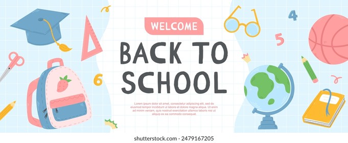 Plantilla de Anuncio azul de regreso a la escuela con artículos escolares en el fondo. Ilustración vectorial del concepto escolar