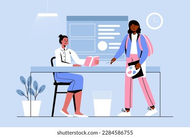 Back to school blue concept with people scene in the flat cartoon style. Student returned to her teacher's class after the summer vacation. Vector illustration.