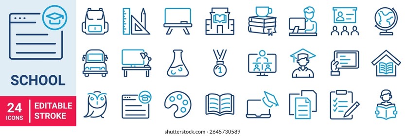 Back to school. Blue icons. Education and e learning. School, university, success, academic, textbook. Vector illustration. Outline icon. Editable stroke.