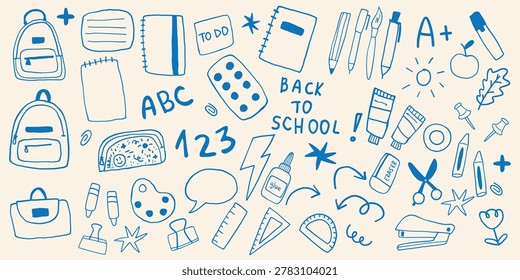 Back to school Blue line art vector doodle set with hand drawn school supplies, backpack, notebook, pencil, stationery icons and education elements isolated