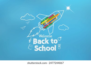 back to school with a blue sky. background with pencils flying with rocket