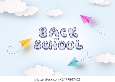 Back to school blue sky background. 3d flying colorful paper airplanes. Vector origami toys, cartoon kids planes in air on education poster, banner, cover
