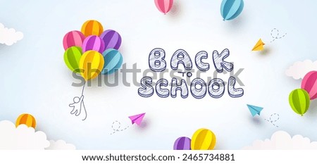 Back to school blue sky background. Drawing child, flying colorful paper balloons and airplanes. Vector doodle kid with 3d ballons, origami planes on education poster,  banner, cover