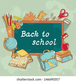 Back to school board card with various study items in cartoon hand drawn style