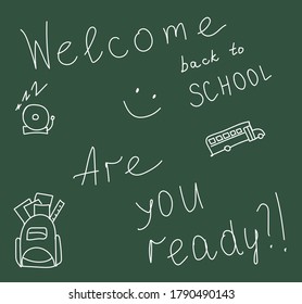 back to school board, chalk, bus, backpack texture on a green background