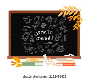 Back to school. School board with chalk drawings, stacks of books and autumn leaves. For wallpaper, printing on fabrics, packaging. For posters, postcards, advertising banner, website, sale flyer.