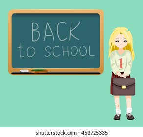 Back to school board cheerful school girl satchel first September Cartoon Design Vector Illustration