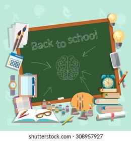Back to school school board education college campus classroom lessons think draw write learn vector illustration  