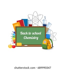 Back to school. A board in the icons of school tools. Sketch for the lesson of chemistry. Vector. Eps 10.