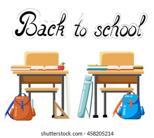 Back to school. Board with an inscription chalk the first lesson. Portfolio bag school supplies office of the book of a ruler