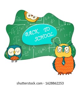 Back to school. The school Board. A smart owl in a tie and two small ones against a background of mathematical equations and formulas.  Hand-drawn diagrams and graphs. Doodle. Vector illustration.