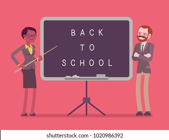 Back to school board. Unhappy male and female teachers standing at the board, celebrating new year at school, welcoming students to start studying. Vector flat style cartoon illustration