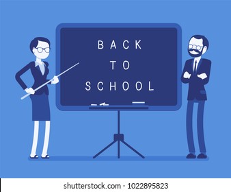 Back to school board. Unhappy male and female teachers standing at the board, celebrating new year at school, welcoming students to start studying. Vector illustration with faceless characters