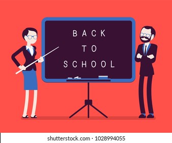 Back to school board. Unhappy male and female teachers standing at the board, celebrating new year at school, welcoming students to start studying. Vector illustration with faceless characters