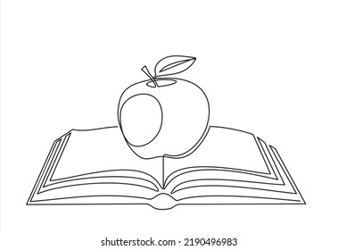 Back to school. book and apple on desk. Continuous one line drawing. One line vector illustration. Order a banner for one line drawing.  