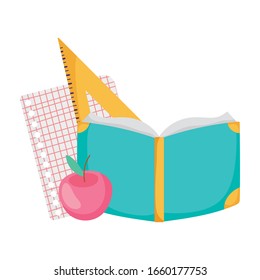 Volver al libro escolar papel manzana triángulo caricatura vectorial ilustración