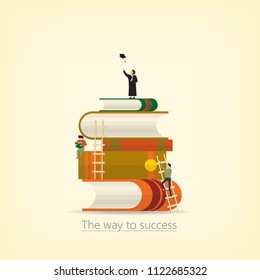 Back to school, Book concept the way to success. The book stacked up and a miniature man climbing to reach its peak is graduated. Flat design. Vector illustration eps10.