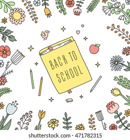 Back to school book and floral frame cute cartoon doodle illustration.