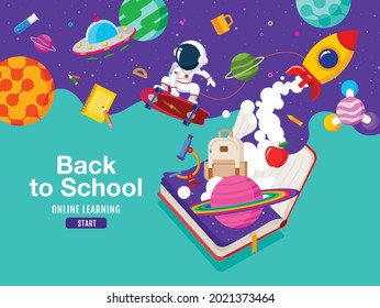  back to school, Book Inspiration, Online Learning, study from home, flat design vector.