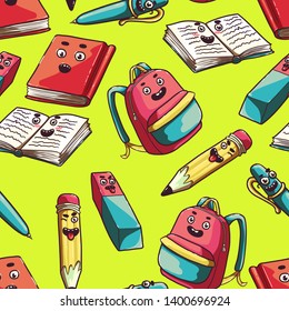 Back to school. Book, notebook, pencil, pen, eraser, backpack. Funny smiling colorful characters. A set of stationery for a primary school student. Seamless green background with pattern.