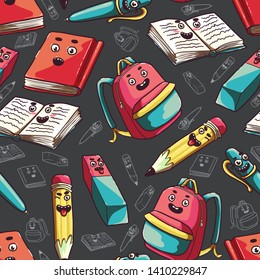 Back to school. Book, notebook, pencil, pen, eraser, backpack. Funny smiling colorful characters. A set of stationery for a primary school student. Seamless blackboard background with pattern.