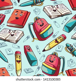 Back to school. Book, notebook, pencil, pen, eraser, backpack. Funny smiling colorful characters. Set of stationery for a primary school student. Seamless background with pattern.