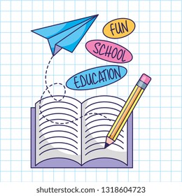Back to school book open with pencil and paper plane cartoons vector digital illustration image