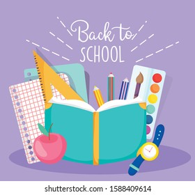 Back to school. book, pencil, clock, apple sheets education. vector illustration.
