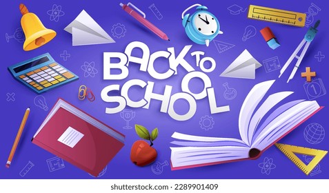 Back to school. Book with ruler and pen. Education, learning and training. Design element for greeting card. Knowledge Day. Banner with calculator, bell and notebook. Cartoon flat vector illustration