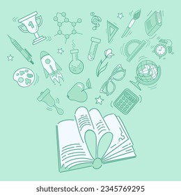 Back to school. Book, source of knowledge. Educational paraphernalia, school supplies, devices for chemistry, sports, and art take off. doodle style illustration. For posters, cards, banners, design