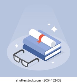 Back to school book stack and rolled diploma certificate vector isometric illustration. Educational knowledge achievement concept. Graduation university document with textbook decorated by stars