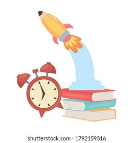 back to school, books alarm clock and rocket education cartoon vector illustration