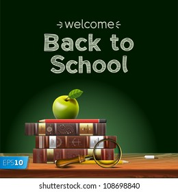 Back to school, school books with apple on desk, vector Eps10 illustration