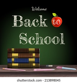 Back to school, school books with apple on desk. EPS 10 vector file included