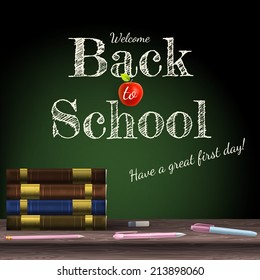 Back to school, school books with apple on desk. EPS 10 vector file included