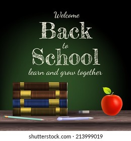 Back to school, school books with apple on desk. EPS 10 vector file included