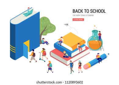 Back to school, books, education and research concept. College and university scene with children, students