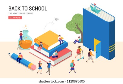 Back to school, books, education and research concept. College and university scene with children, students