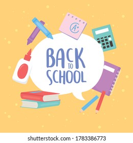 de vuelta a la escuela, libros calculador de pegamento de cuaderno crayons educación caricatura ilustración vectorial
