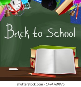 Back to school, books with a notebook on the background of school Board